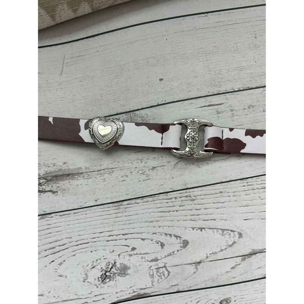 XOXO Womens Cow‎ Print Belt Brown White Heart Charms Western Silver Hardware M/L